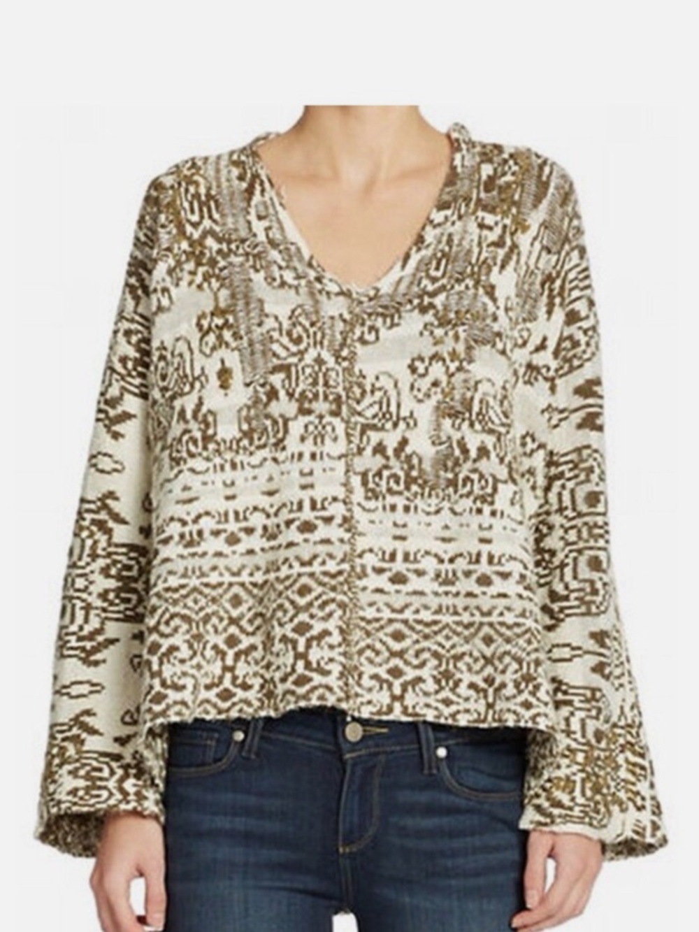Free People Women's Wool Blend Olive and Cream Patterned Knit Hooded Sweater